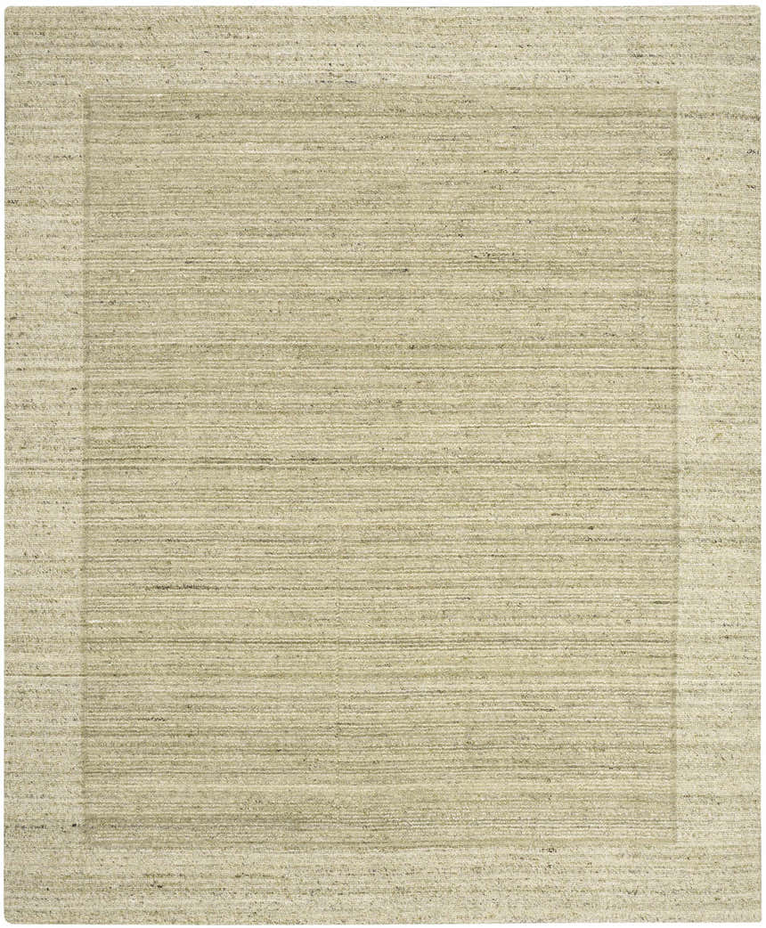 Close-up of Calvin Klein CK082 Ridge Rug in sage and ivory. Farmhouse style with a subtle rectangular border pattern.