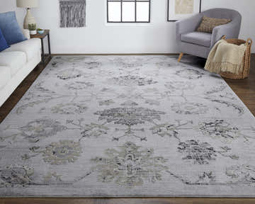 Living room with white sofa, gray chair, and Feizy Macklaine silver and black damask area rug. Roomscene-Rectangle