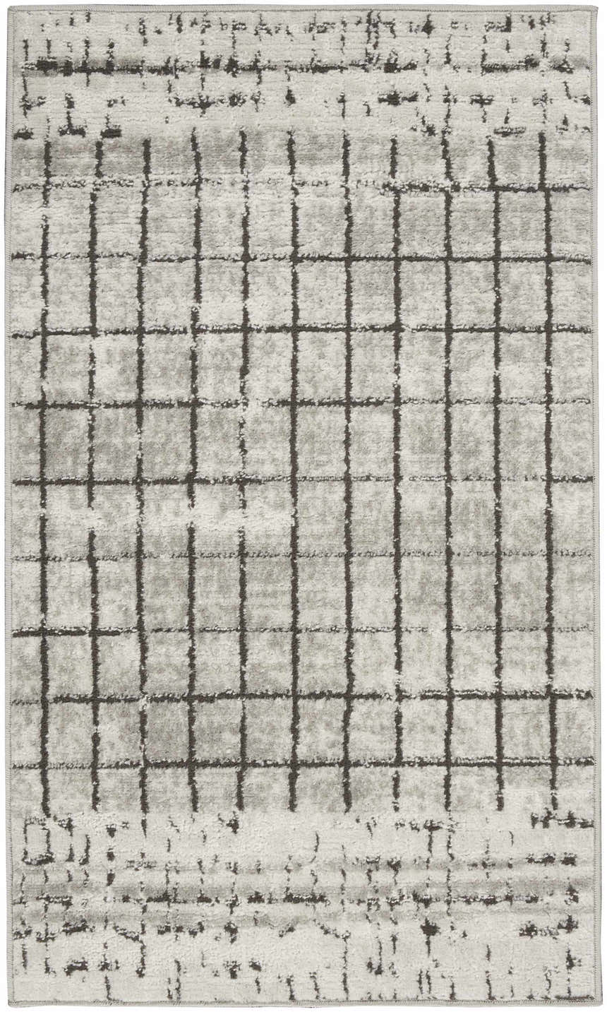 Close-up of Nourison Quarry Ivory Grey rug. Contemporary style with a chestnut grid pattern on soft, textured polypropylene.