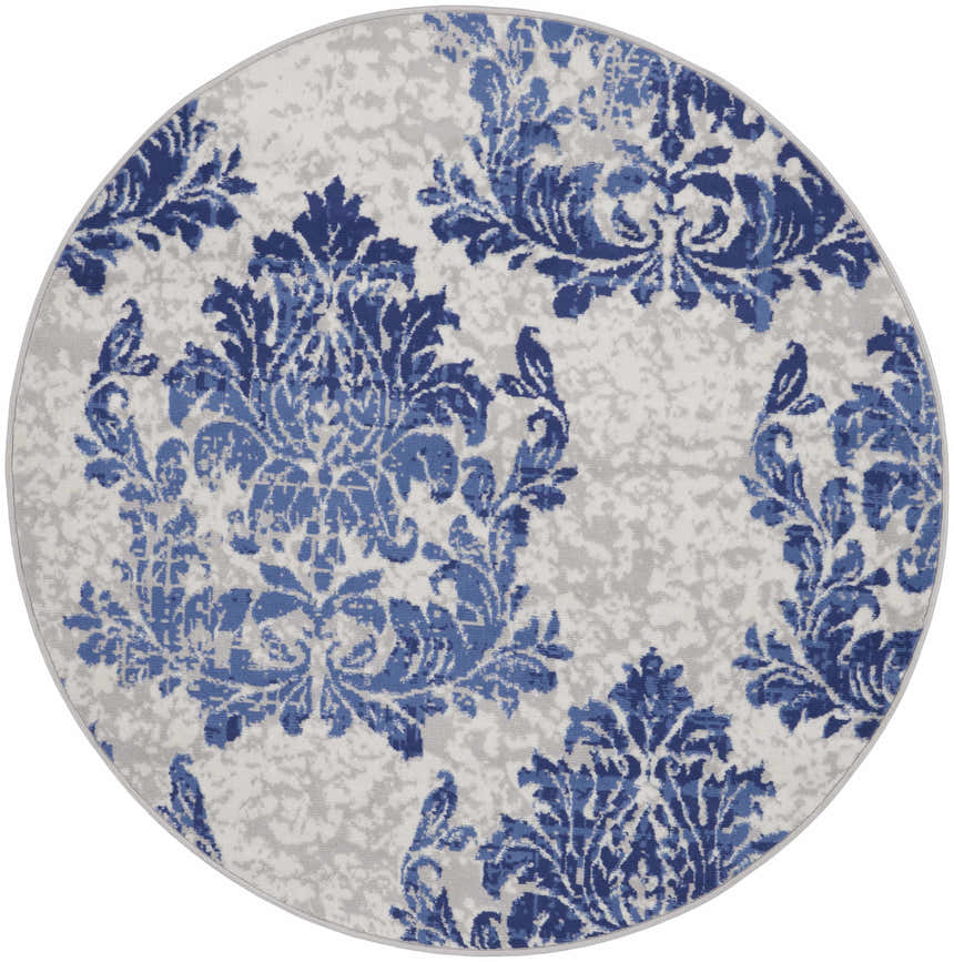 Round Nourison Whimsicle Ivory Navy rug. Farmhouse style area rug with blue floral damask pattern on an ivory and gray background.