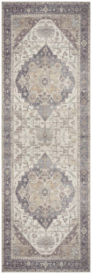 Close-up of Nourison Vintage s Ivory Purple Vintage Indoor Washable Area Rug, featuring chestnut accents and a vintage pattern.