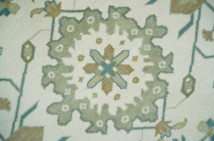 Hand Knotted Ivory, Beige and Teal Antique look Traditional Oushak Multi Size Wool Area Rug