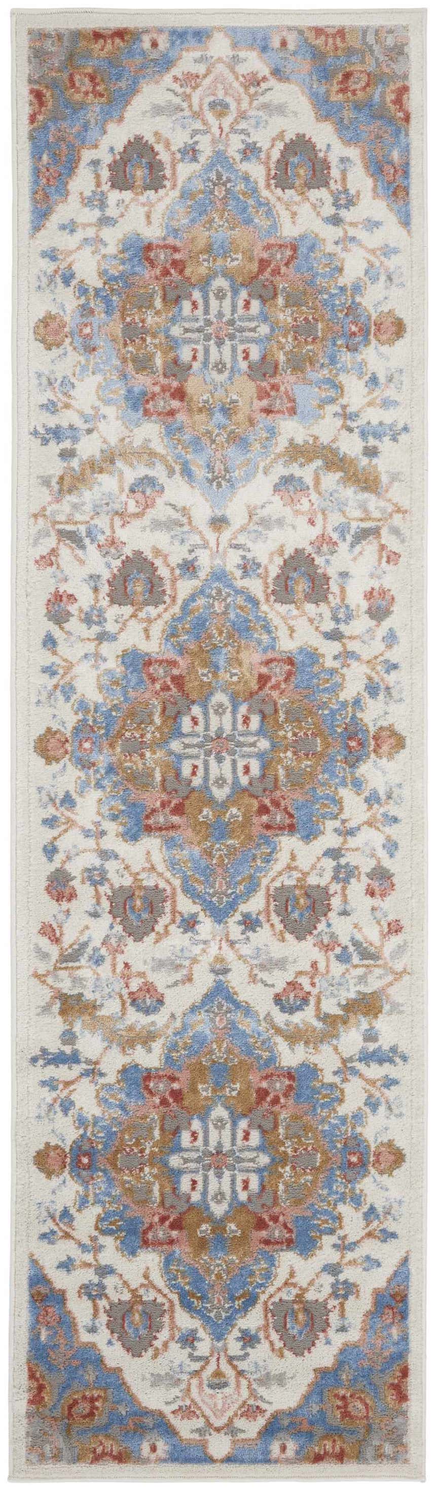 Close-up of the Nourison Elation Ivory Blue rug. Transitional style with chestnut, blue, and ivory floral pattern. High pile texture.