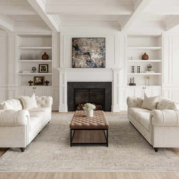 Living room with beige sofas, ottoman, and Nourison Sultana Beige Vintage rug. Neutral color palette.