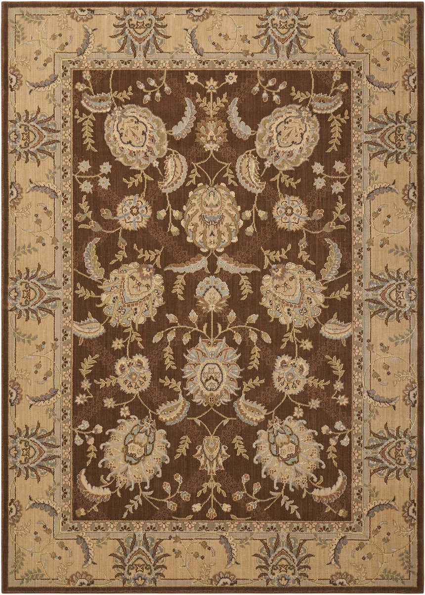 Close-up of the Nourison Persian Empire Chocolate Persian Area Rug, featuring floral motifs and a brown and beige color palette.