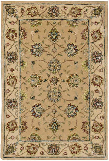 Close-up of the Nourison 2000 Camel rug. Features a traditional floral pattern in camel, blue, and red tones. Handmade wool rug.