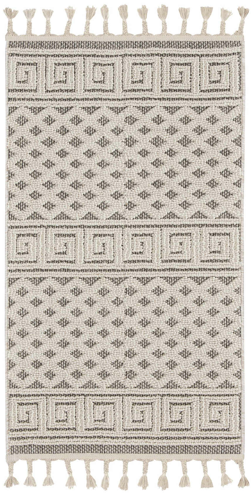 Close-up of the Nourison Paxton Ivory/Grey rug. Features a geometric pattern and tassels. Mid-Century Modern style.