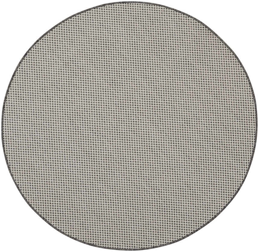 Close-up of the round Nourison Courtyard Ivory Charcoal rug. Taupe and charcoal woven grid pattern.
