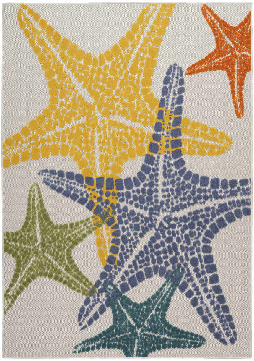 Close-up of Nourison Aloha Multicolor Coastal Rug featuring yellow, blue, green & orange starfish on a neutral background.