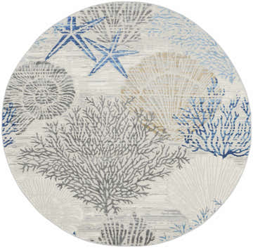 Close-up of round Nourison Seaside rug. Ivory, gray, and blue coastal design with starfish, coral, and seashell pattern.