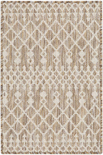 Close-up of the Nourison Positano Beige Area Rug. Features a diamond pattern and textured weave in neutral beige and brown tones.