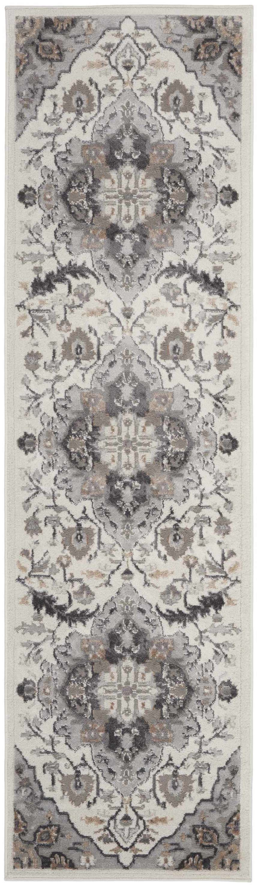 Close-up of Nourison Elation Ivory Grey rug. Features a transitional floral design in shades of ivory, grey, and chestnut.