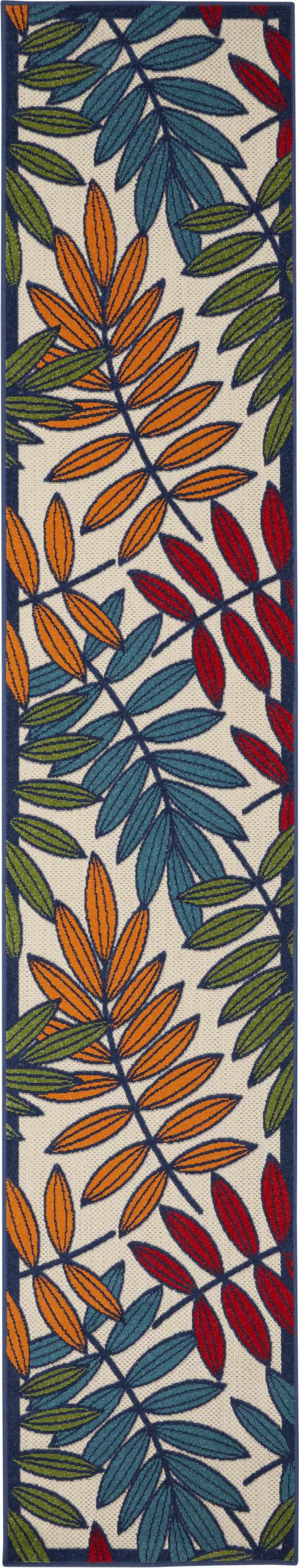 Close-up of the Nourison Aloha Multicolor Tropical Area Rug. Features orange, red, green, and blue leaves on a cream background.