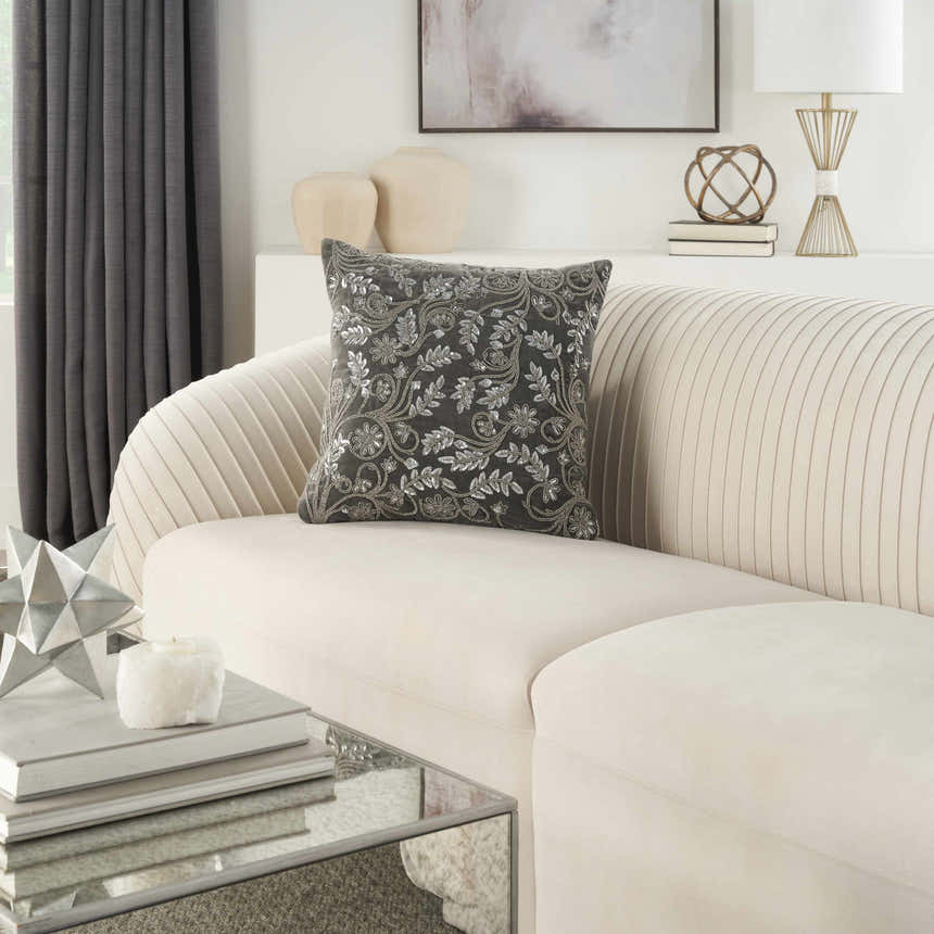 Mina Victory Sofia Beaded Flowers Grey Indoor Throw Pillow