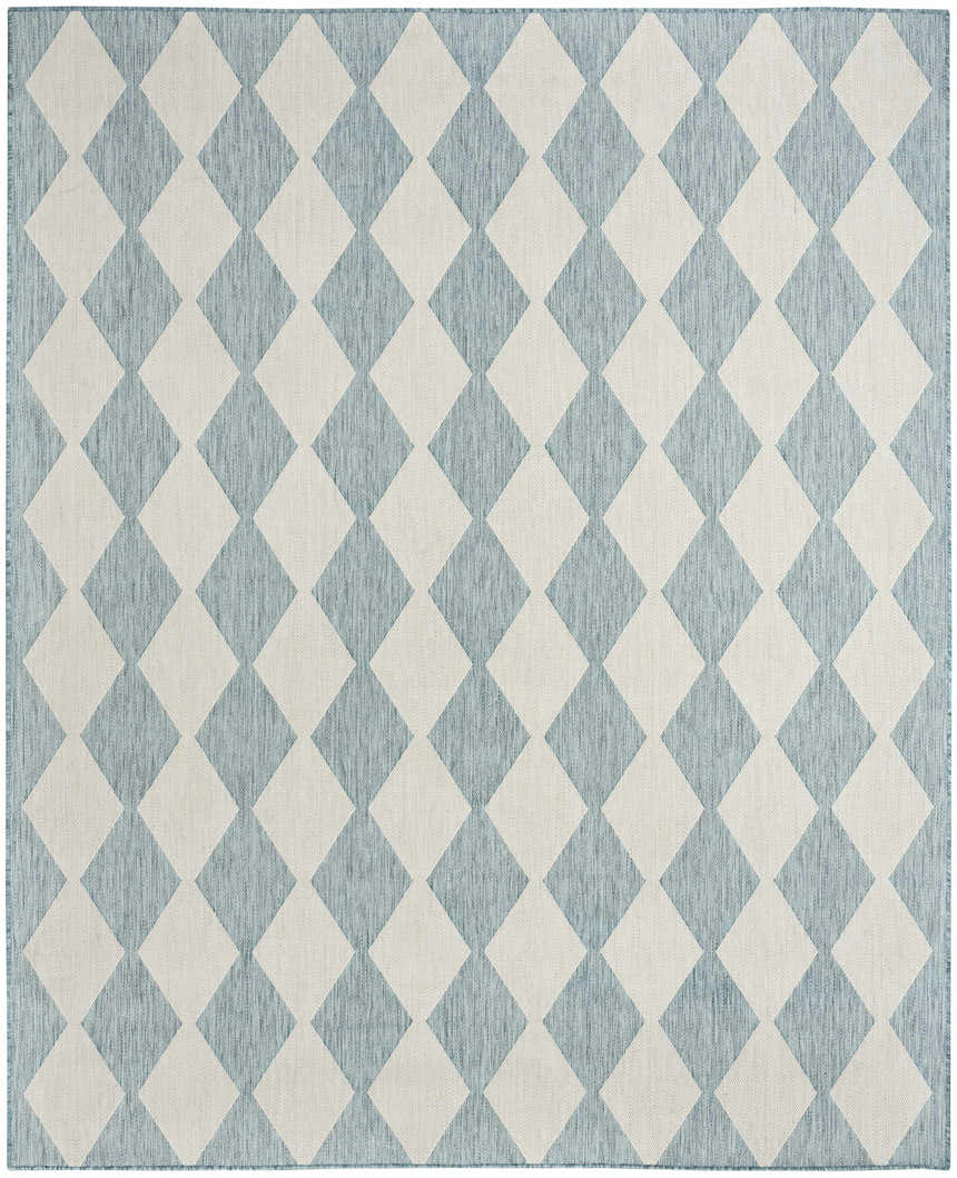 Close-up of Nourison Positano Aqua Modern Area Rug featuring a diamond pattern in aqua and off-white.