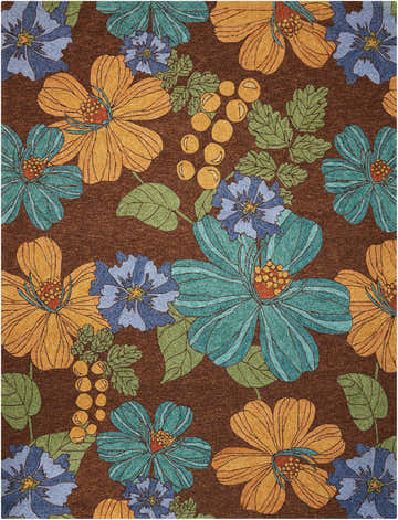 Close-up of the Nourison South Beach Chocolate Area Rug, featuring a floral pattern with brown, blue, teal, and gold colors.