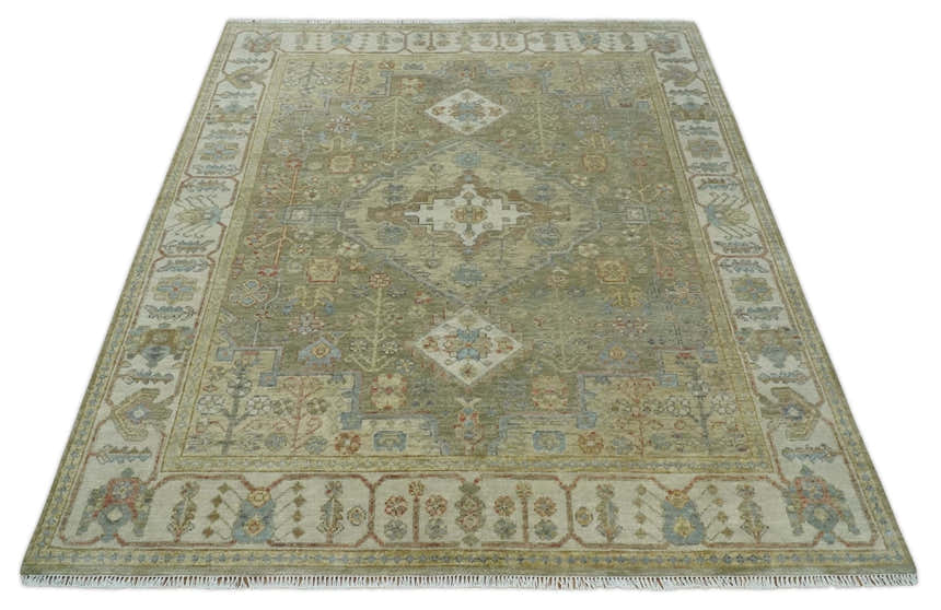 Antique Look Hand Knotted Medallion Olive and Ivory Vintage Style Wool Rug