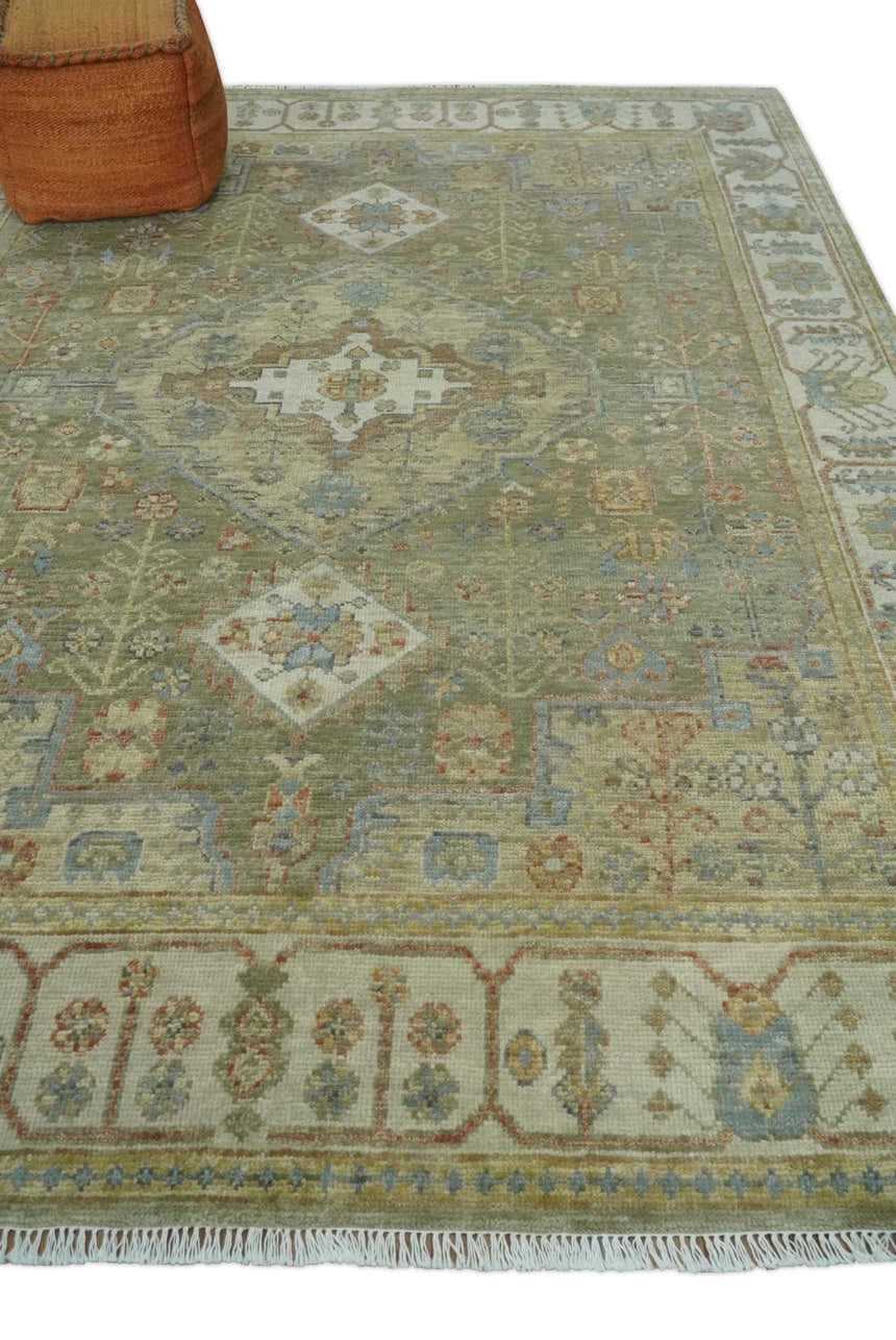 Antique Look Hand Knotted Medallion Olive and Ivory Vintage Style Wool Rug