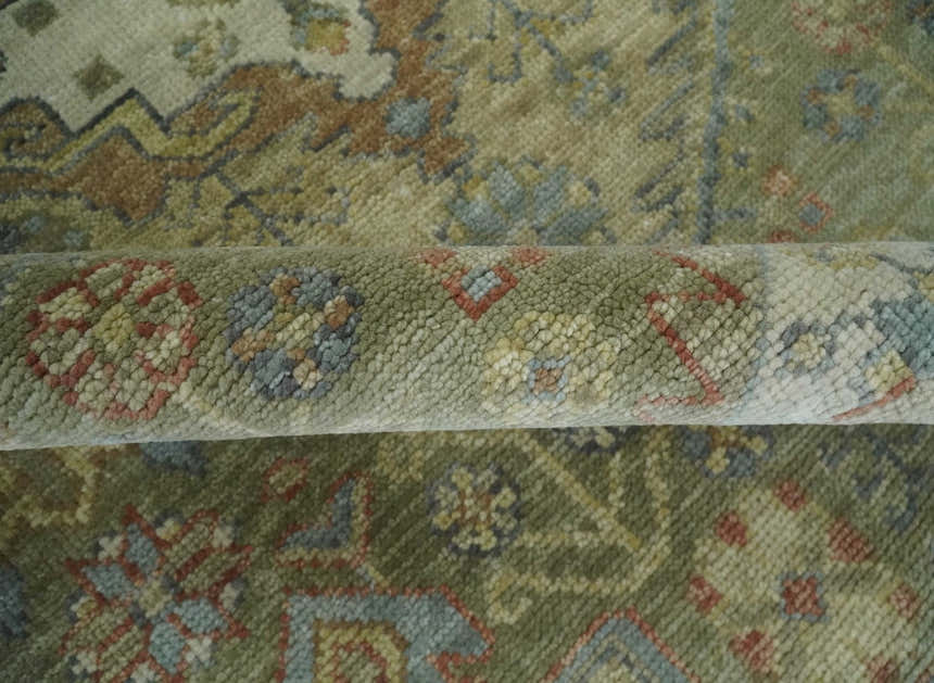 Antique Look Hand Knotted Medallion Olive and Ivory Vintage Style Wool Rug