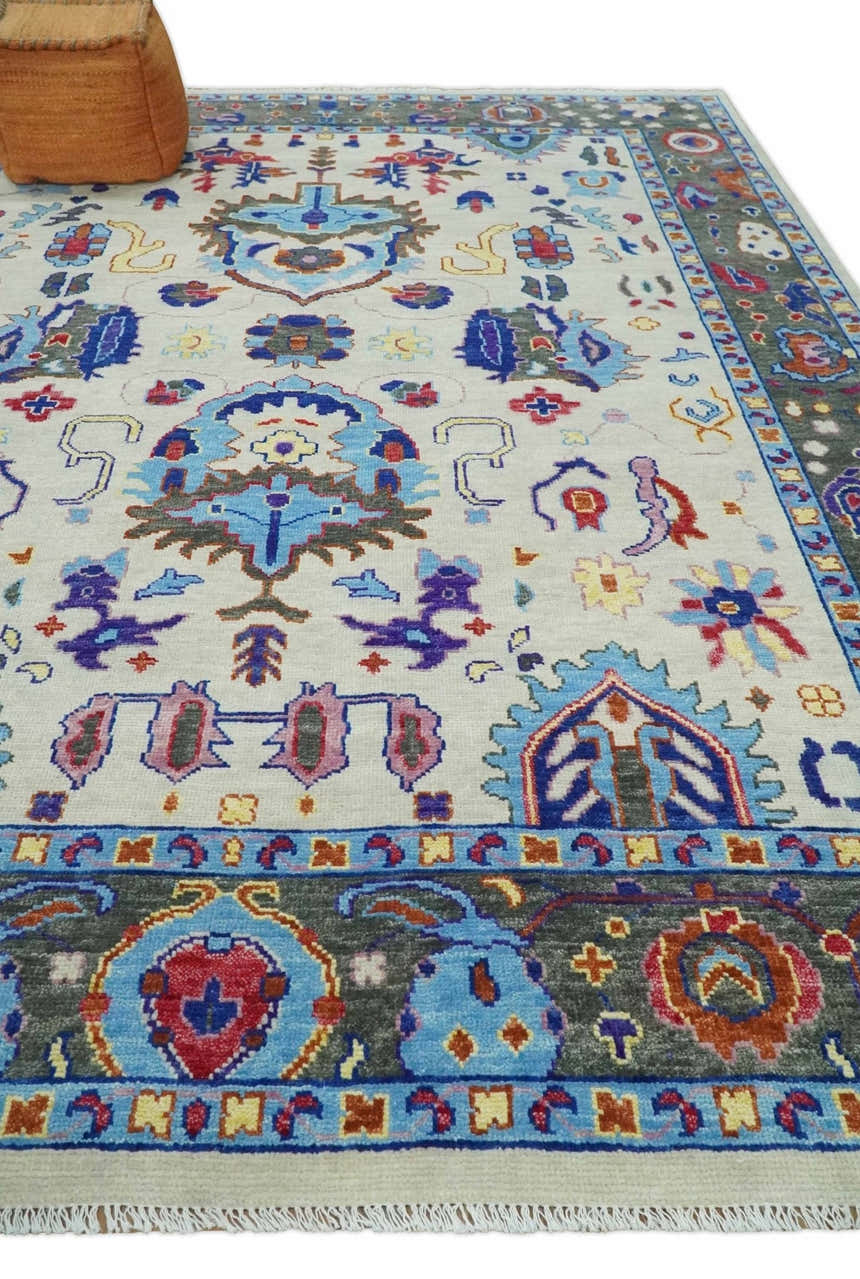 Custom Made Ivory and Gray Hand knotted Traditional Oushak wool Area Rug