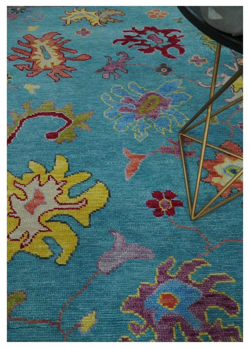 Traditional Blue and Camel Colorful Hand knotted Oushak Custom Made Wool Area Rug