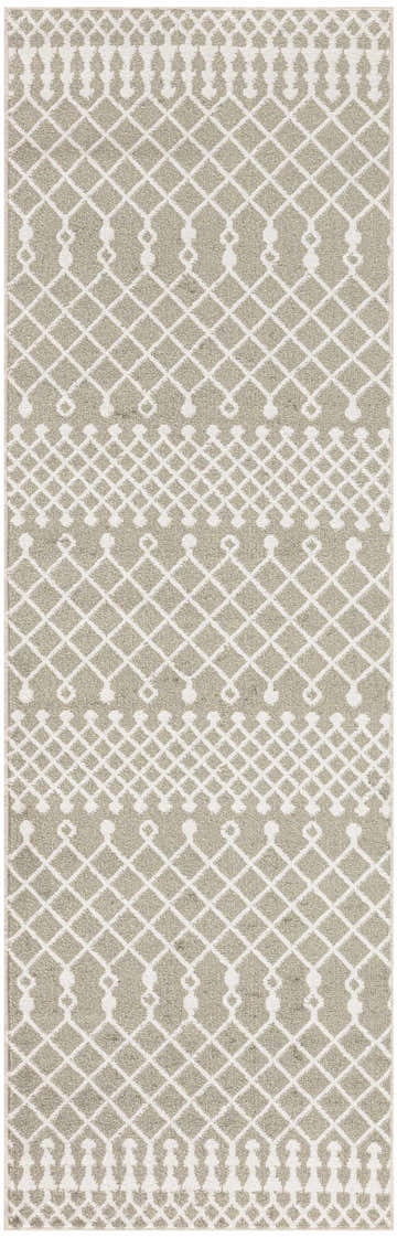 Close-up of Nourison Astra Sage Bohemian Rug. Features a geometric diamond pattern in muted sage and white. Machine-made texture.