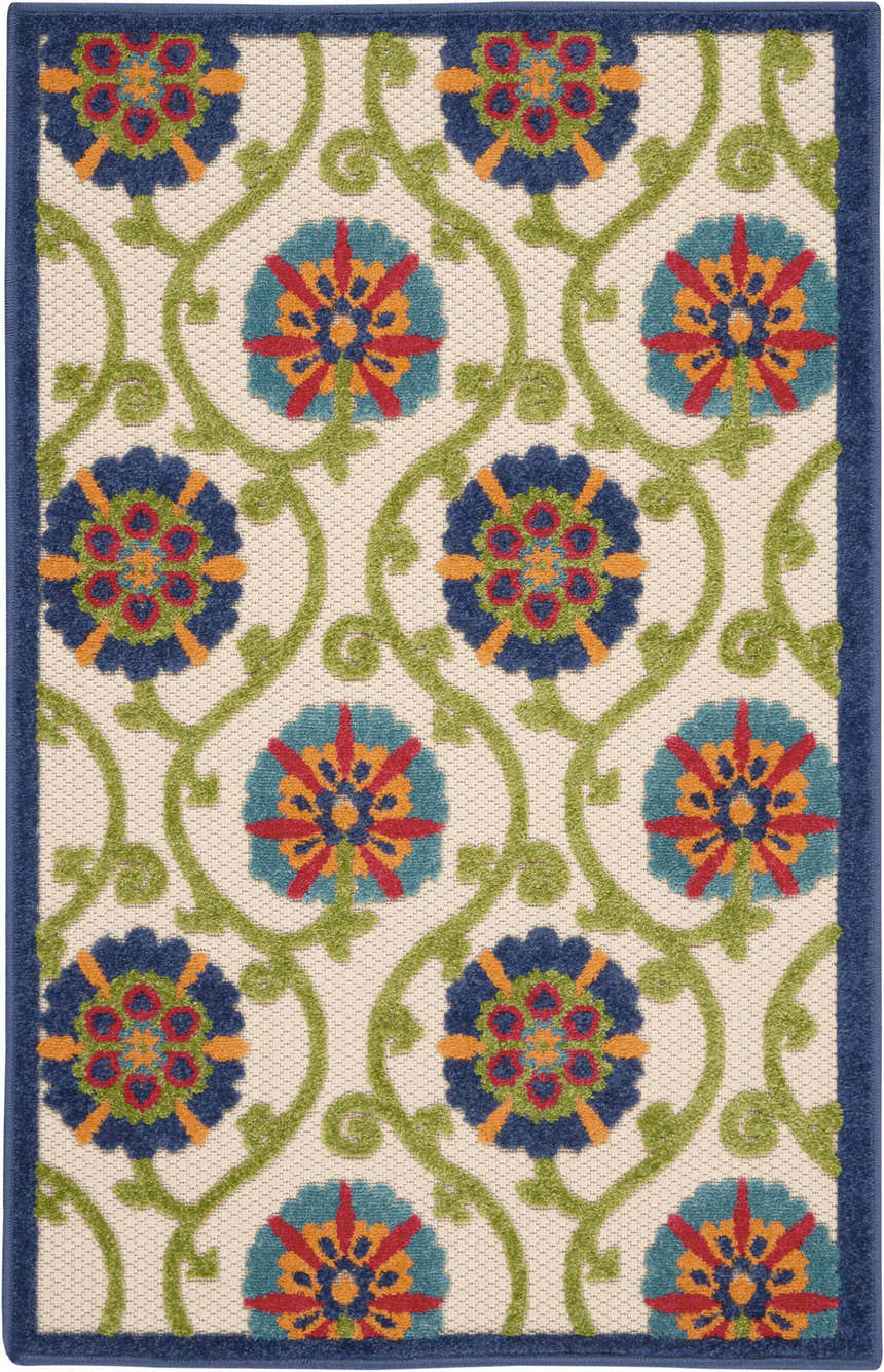 Close-up of Nourison Aloha Blue Multicolor rug. Contemporary floral pattern with blue, red, orange, and green on a cream background.
