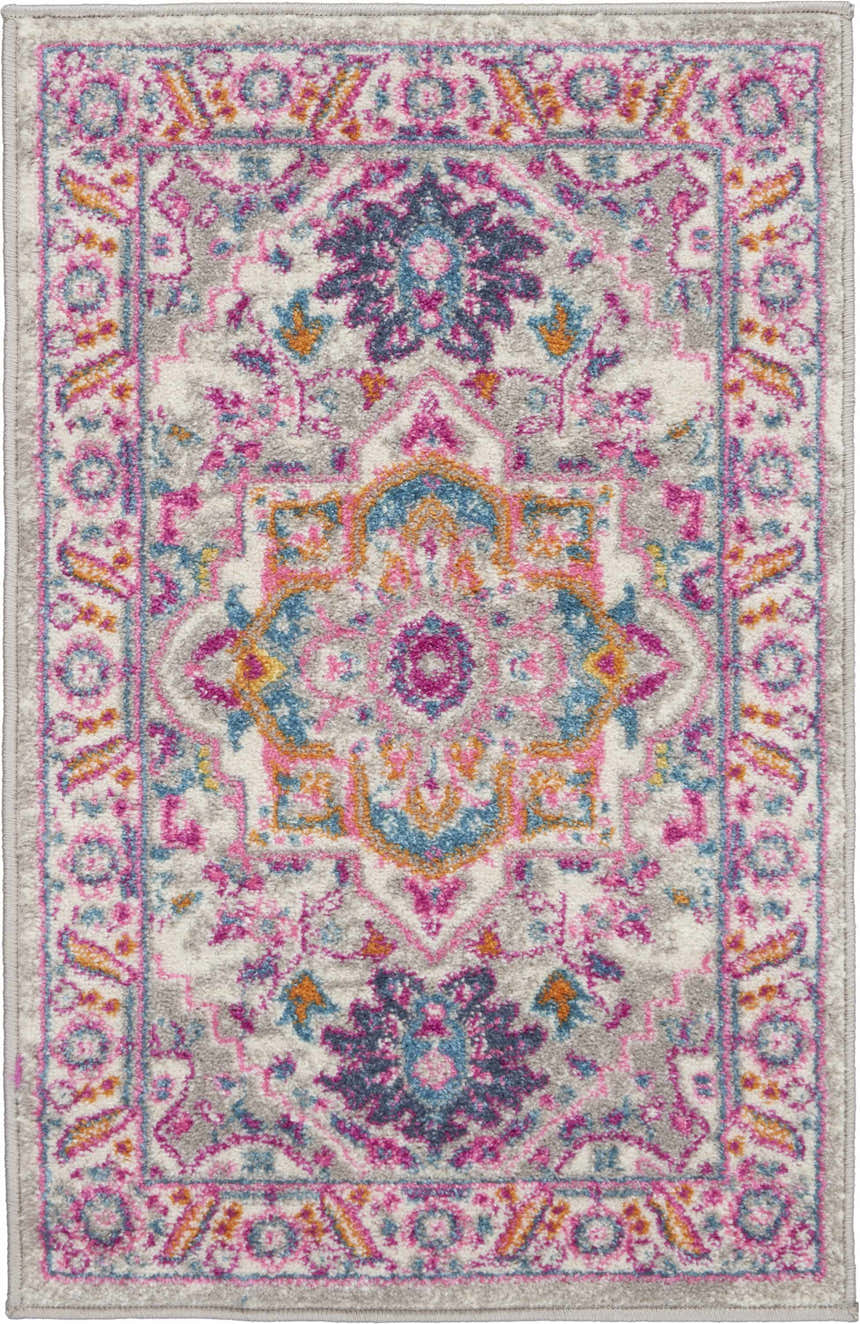 Close-up of the Nourison Passion Light Grey Pink Bohemian Indoor Area Rug with floral and geometric patterns.