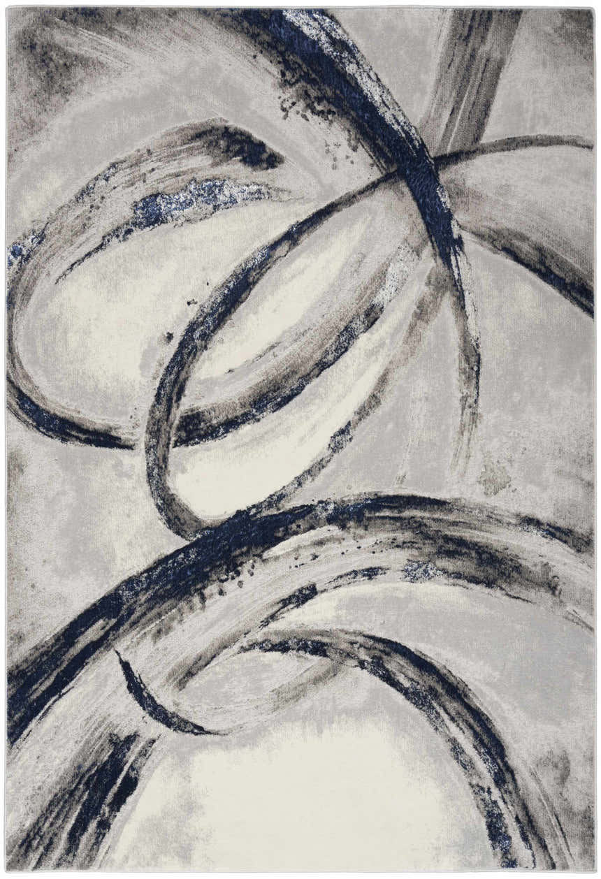 Close-up of Nourison Splash Grey Navy rug. Abstract brushstroke design in gray, navy, and white. Mid-century modern style.