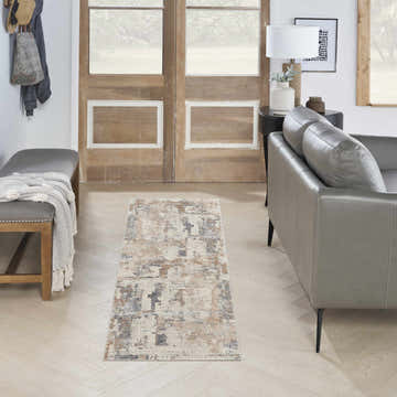 Entryway with grey bench and the Nourison Rustic Textures Beige Grey Modern Indoor Area Rug runner.