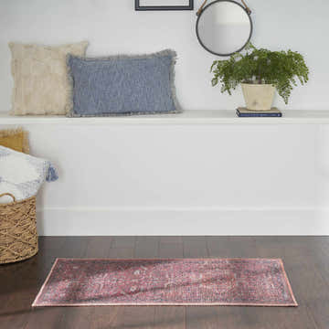 Bathroom scene with Nourison New Concept Brick Vintage Indoor Washable Area Rug, brick red tones, vintage style.