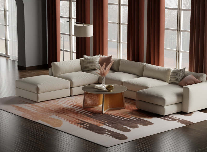 Living room scene with a Feizy Anya red/brown/orange rug, cream sectional sofa, and warm, inviting decor. Roomscene-Rectangle