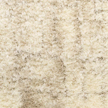 Close-up of the Nourison Dreamy Shag rug. Ivory and beige shag rug with a soft, plush texture. Modern style.