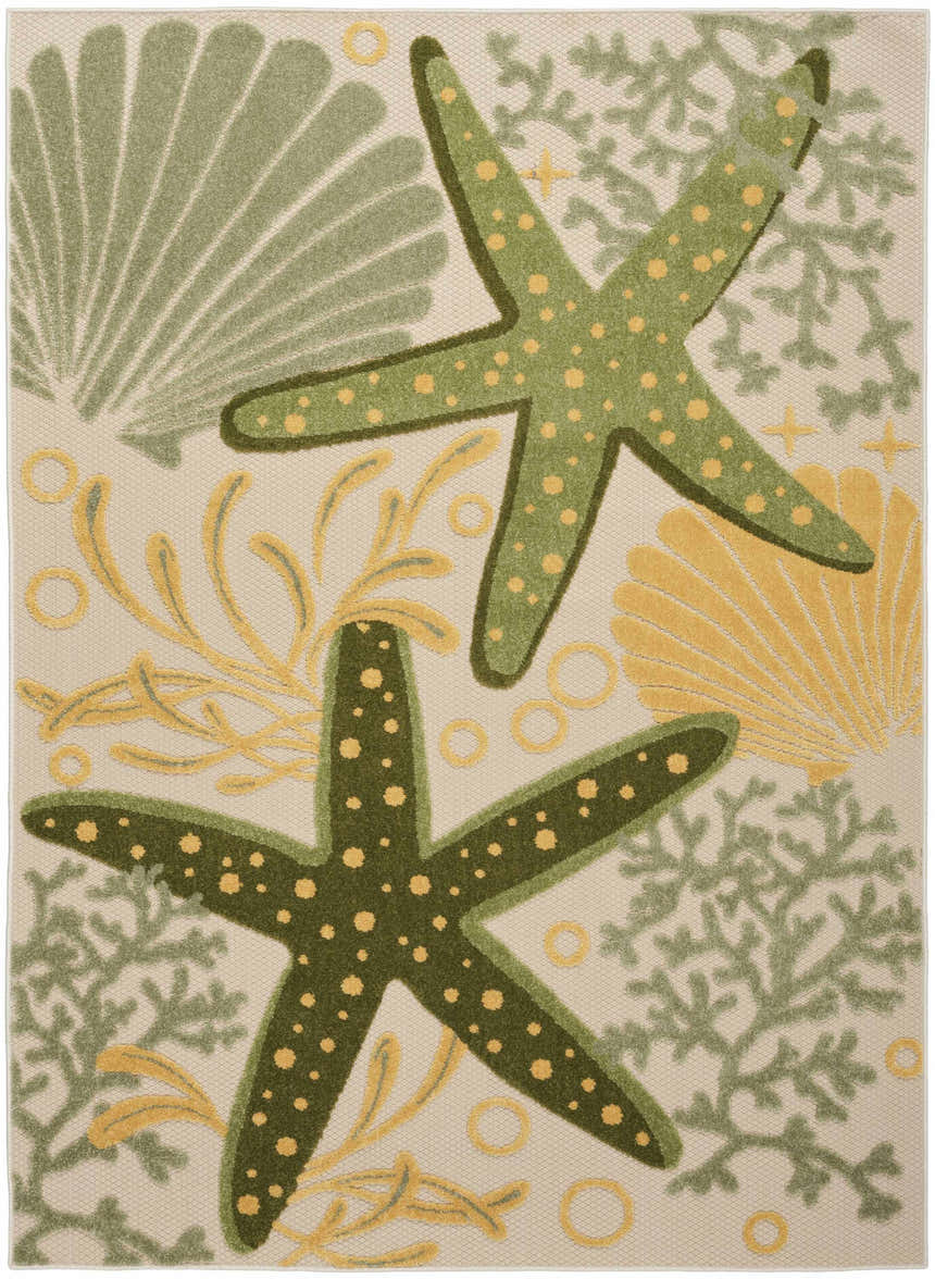 Nourison Aloha Green Yellow Outdoor Area Rug with starfish, coral, and seashell pattern.
