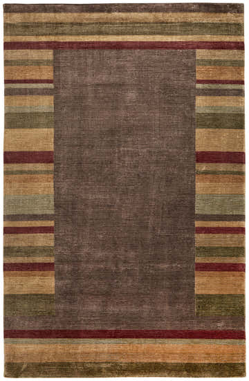 Close-up of the Feizy Keystone rug. Modern stripes in brown, green, and red. Hand-knotted wool and viscose texture. Design-Rectangle
