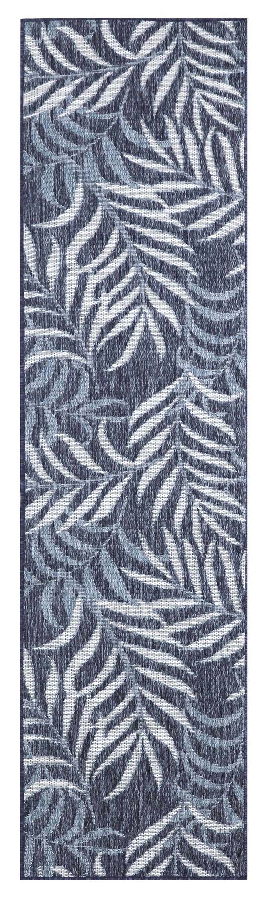 Close-up of the Nourison Garden Oasis Navy Tropical Area Rug featuring a blue and white palm leaf pattern.
