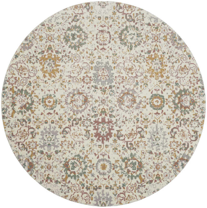 Close-up of the round Nourison Twilight Ivory Multicolor rug. Features a floral, transitional pattern in chestnut, gold, green, and gray.