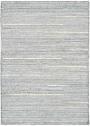 Close-up of the Nourison Interweave Light Blue rug; handmade wool with horizontal white stripes.