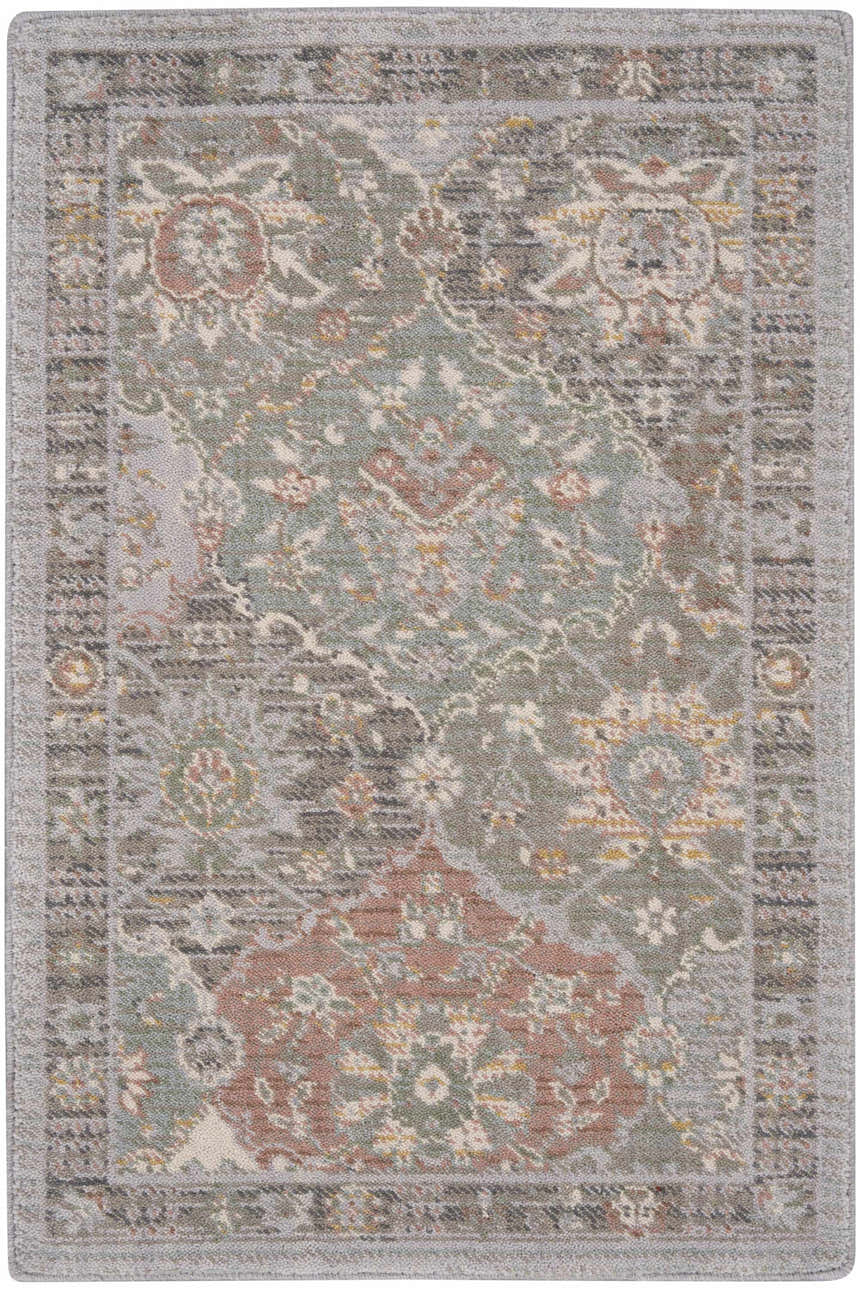 Close-up of Nourison Parisa Grey Multicolor Farmhouse Rug; wool rug with a floral, traditional pattern in grey, green, and rose.