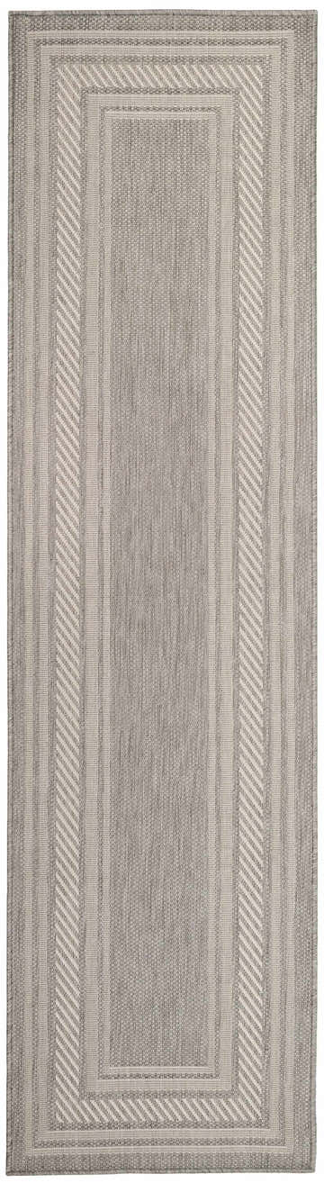 Close-up of Nourison Horizon grey area rug showing textured weave and mid-century modern stripe and border design.