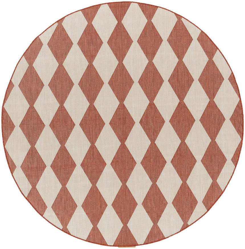 Close-up of round Nourison Positano Terracotta rug with a burnt orange and cream diamond pattern.