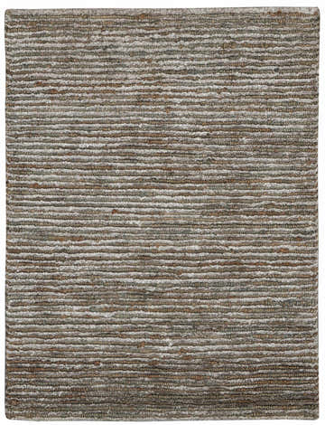 Close-up of the Calvin Klein Mesa Hematite Rug. Features a textured, horizontal stripe pattern in gray, brown, and cream.