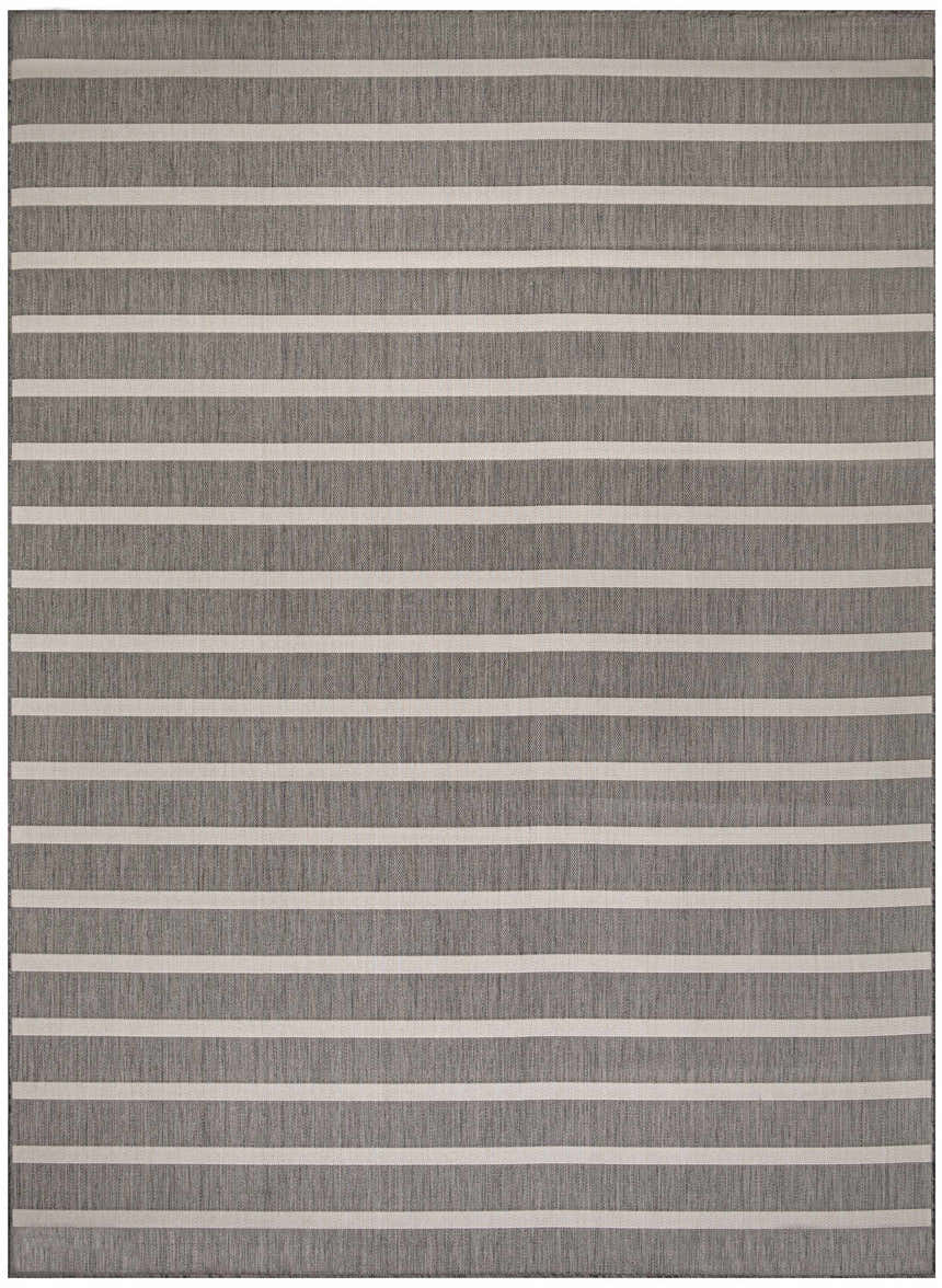 Close-up of the Nourison Positano Charcoal Ivory rug featuring a striped pattern and woven texture.