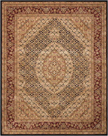 Detailed floral pattern of the Nourison 2000 Black Persian Area Rug. Handmade wool rug in black, red, and beige.