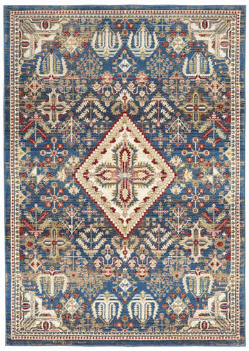 Detailed Nourison Karisma Blue Ivory rug. Farmhouse style with chestnut, red, and cream accents. Traditional, intricate pattern.