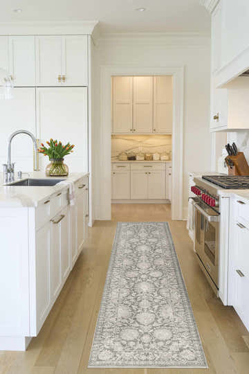 Bright kitchen with Nourison Shadows Sage Ivory Vintage rug runner.