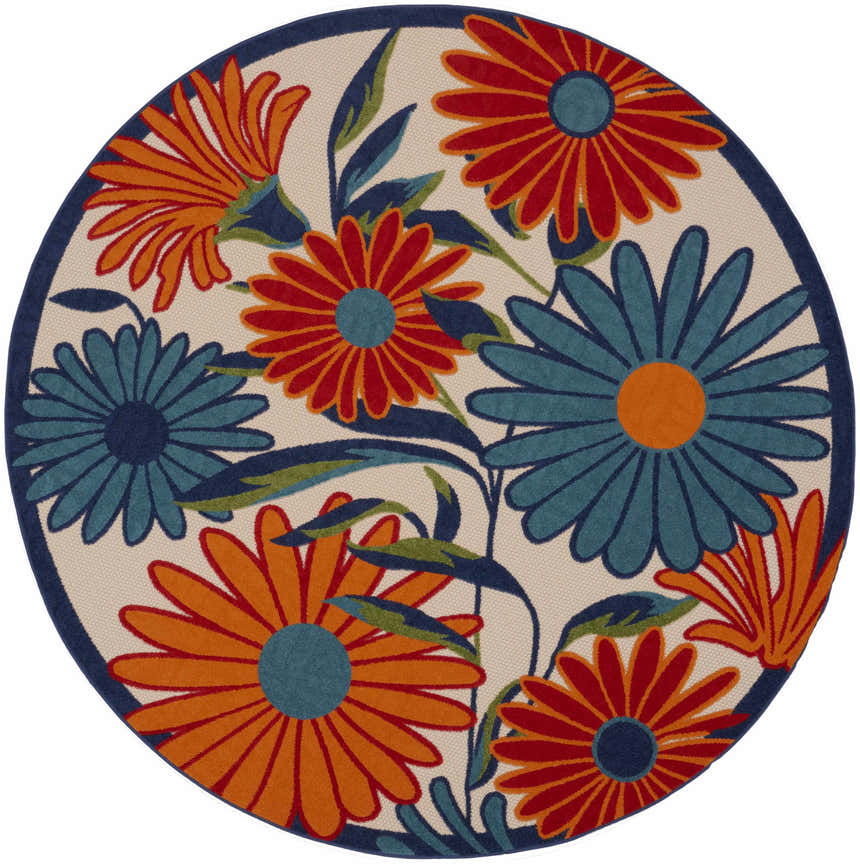 Close-up of a round Nourison Aloha Multicolor Outdoor Area Rug with a floral pattern in red, orange, and blue.