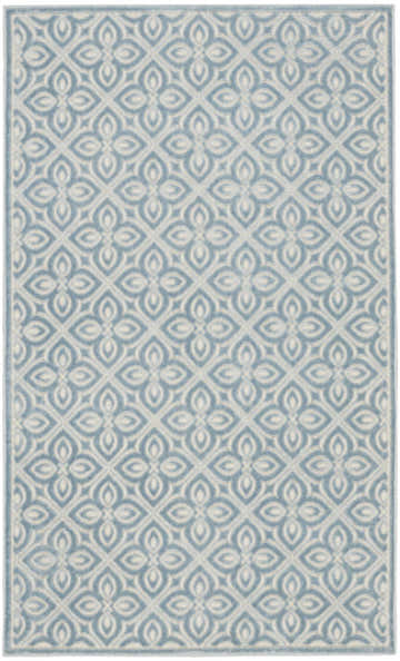 Close-up of the Nourison Charm Blue Ivory rug. Contemporary geometric trellis pattern in soft blue and ivory.