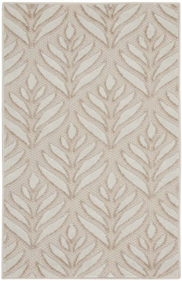Close-up of Nourison Aloha Ivory Grey Tropical Area Rug featuring a chestnut leaf pattern.
