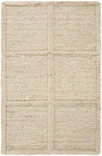 Close-up of the DKNY Pure Framework Sand rug. Handmade wool rug with a raised grid pattern and a soft, neutral sandstone color.